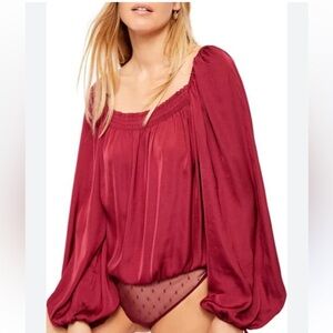 Intimately FREE PEOPLE Another Round bodysuit blouse smocked square neck wine Sm